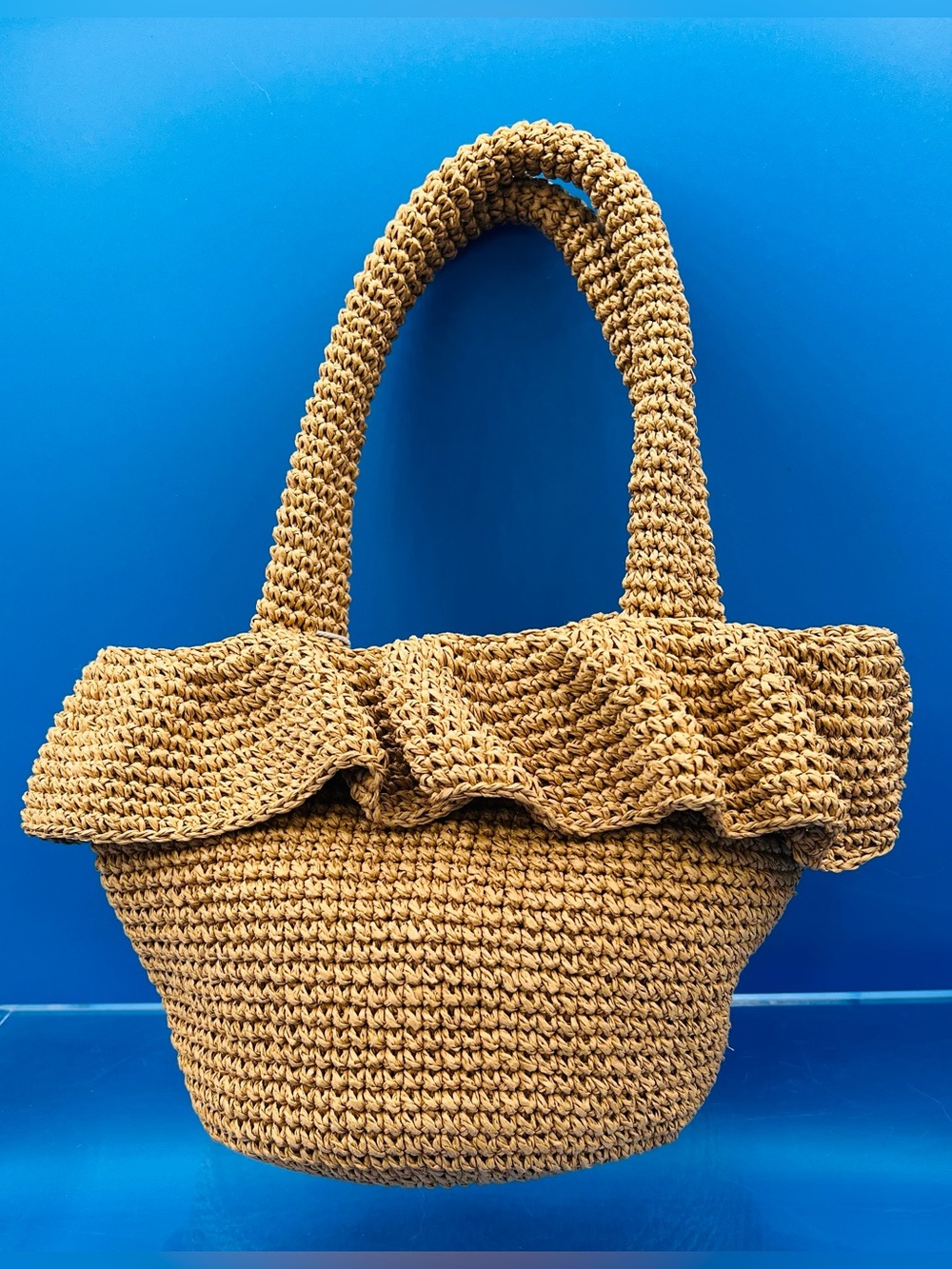 Haute Hippie Raffia Double Handle Bag with Ruffled Rim, Camel Tan, NWT - Picture 2 of 8